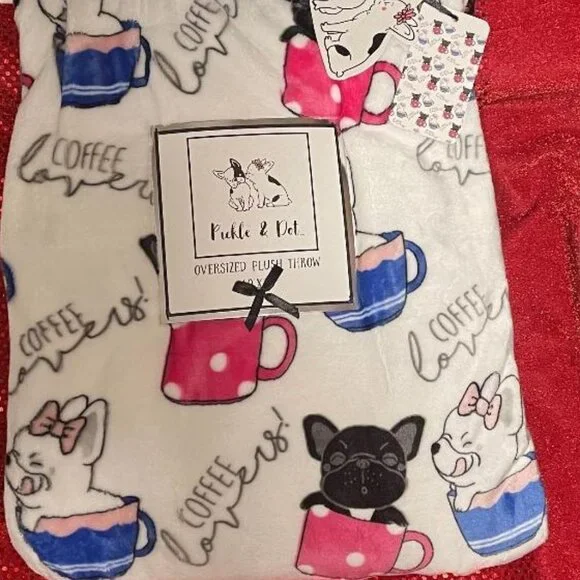 NWT FRENCH BULLDOG FRENCHIE OVERSIZED 60" X 70" PLUSH THROW BLANKET COFFEE LOVER - Picture 1 of 8